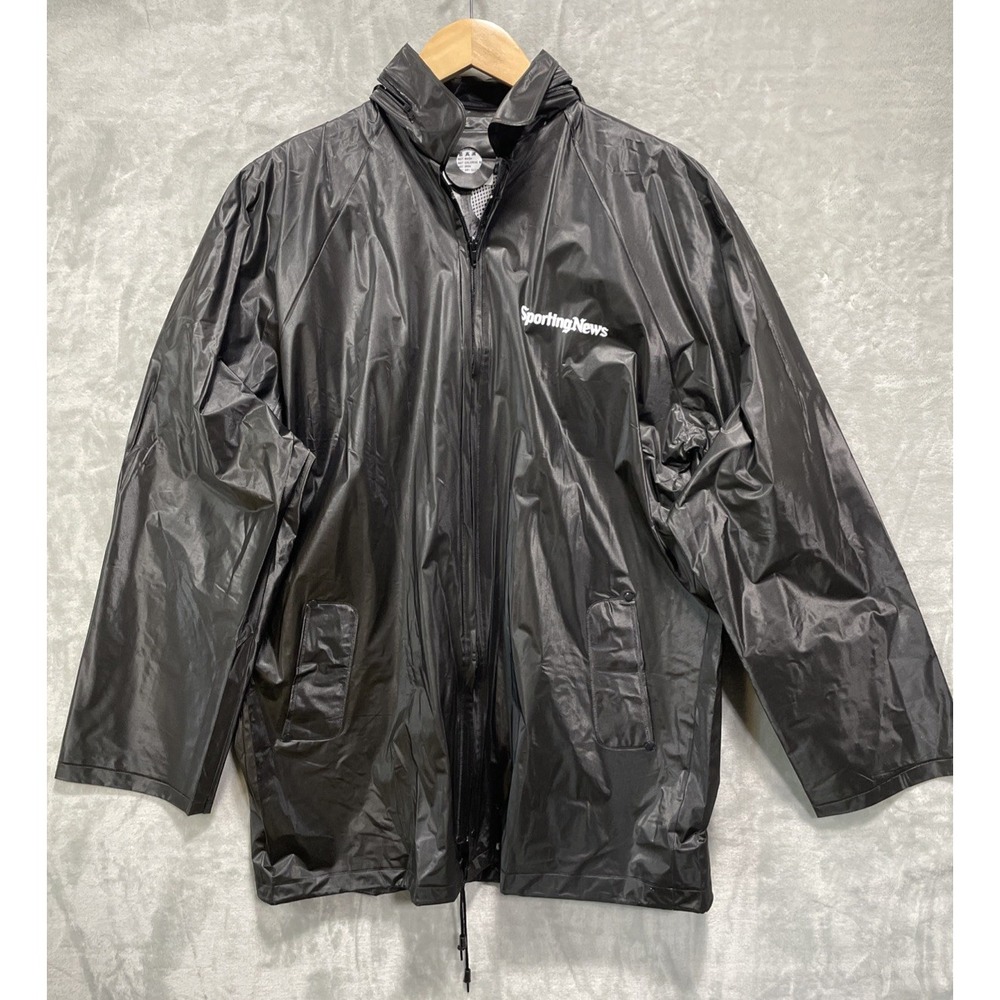 Vintage Sporting News Mens Black PVC Rain Jacket With Hood One Size Fits All